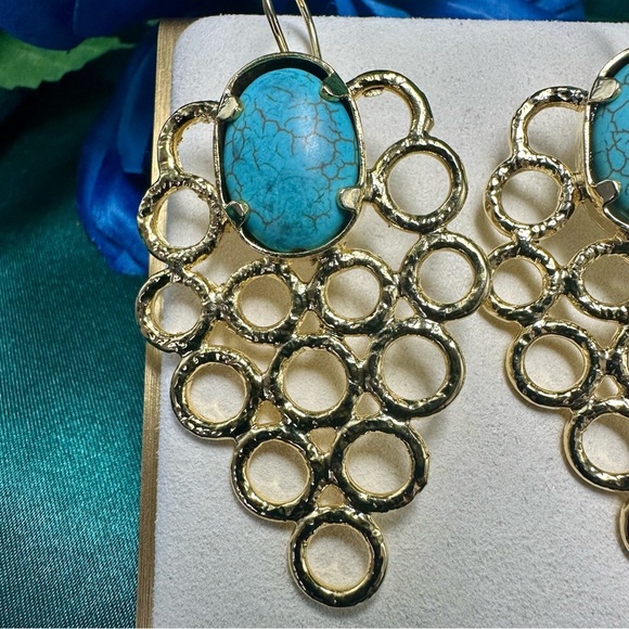 Turquoise Gold Drop Earrings – Handmade Boho Statement Jewelry NWT - Picture 5 of 9